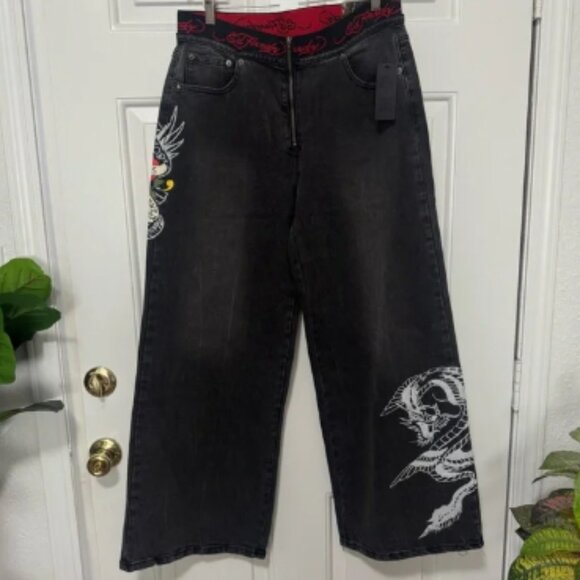 NWT Ed Hardy Loose Fit Painted Jeans Y2K Skull Painted Size 30 - Picture 1 of 15
